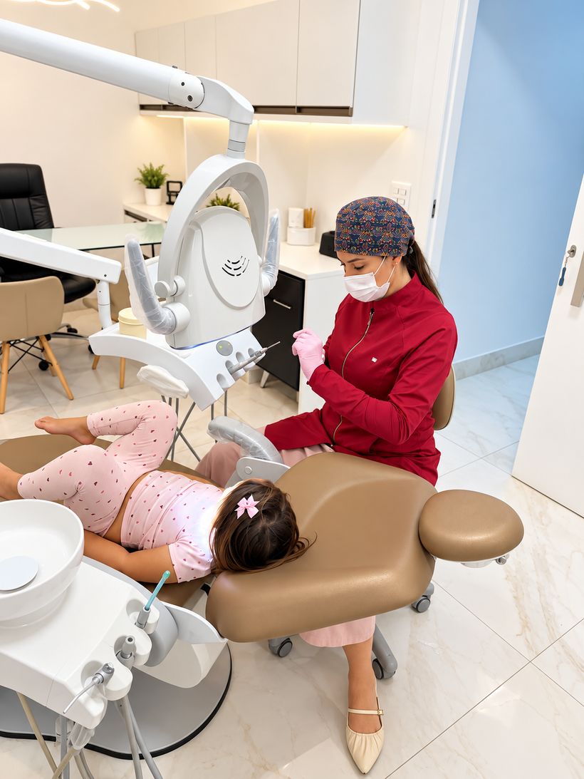 Dra. Alliny atendendo uma criança na cadeira odontológica